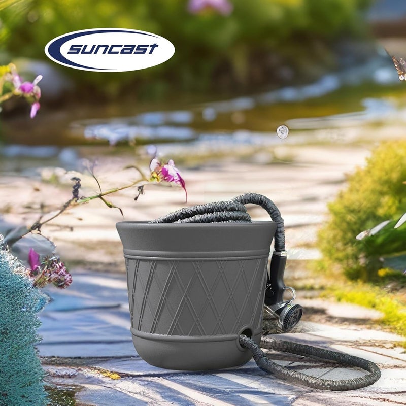 suncast 2 Pack 14" x 12" Round Resin Decorative Weatherproof Outdoor Hideaway Standard Garden Hose Storage Pot with Drainage Holes, Gray - Image 4